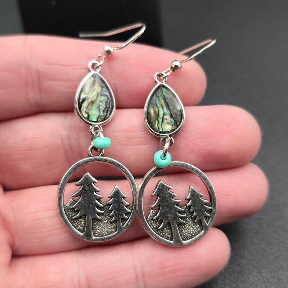 Silver Plated Abalone Shell And Forest Tree Earrings A6542 - Picture 3 of 5